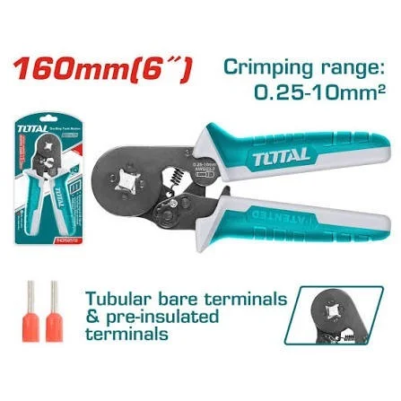 Total Tools TOTAL TOOLS 6" Ratchet Crimping Pliers (0.25-10 mm� / AWG 23-7) for Tubular Bare and Pre-Insulated Terminals with Adjustable Pressure Force and Unique Handle Design - THCPG2510