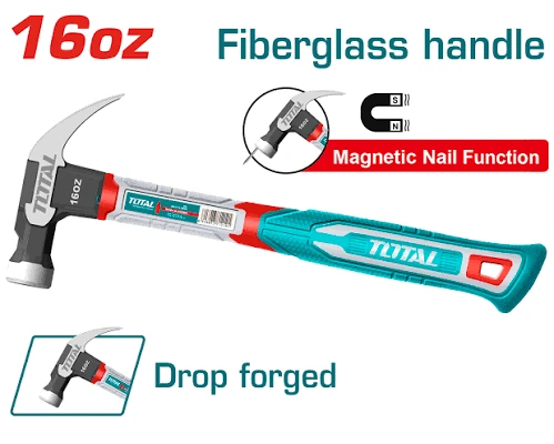 Total Tools TOTAL TOOLS Claw Hammer 16oz/450g, Drop-Forged Heat-Treated 45# Carbon Steel Head with Magnetic Nail Holder & Three-Color Fiberglass Handle - THCH61016