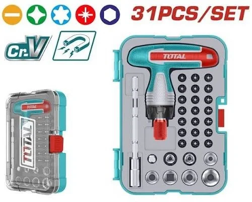 Total Tools TOTAL TOOLS 31-Piece T-Handle Ratchet Wrench & Screwdriver Set with Cr-V Bits and 1/4" Sockets - TACSD30316