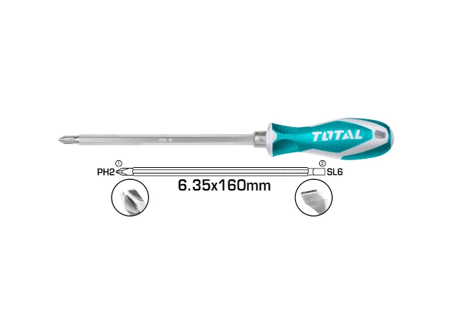 Total Tools TOTAL TOOLS 2-in-1 Screwdriver Set PH2 + SL6, 6.35 x 160mm CR-V Shank, Interchangeable Handle, Phillips & Slotted Screwdriver - THT250206