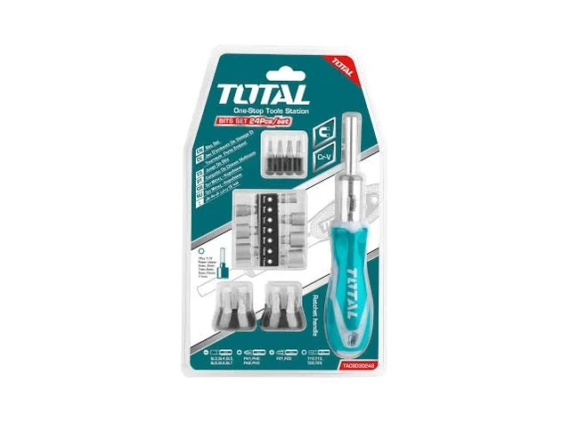Total Tools TOTAL TOOLS 24-Piece Ratchet Screwdriver Set with Ratchet Handle, 16 Screwdriver Bits, and 7 Power Sleeves - TACSD30246