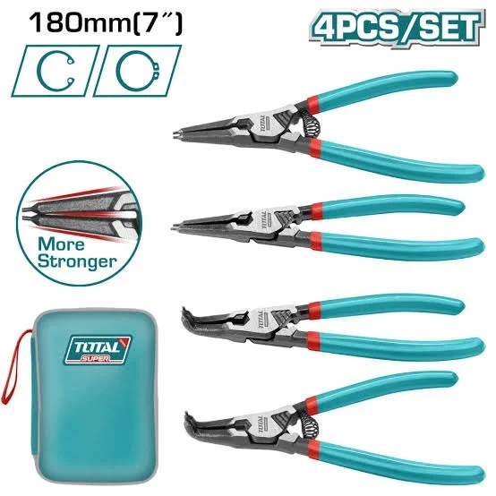 Total Tools TOTAL TOOLS 4-Piece 7" / 180mm Circlip Pliers Set (2 Pcs $180^circ$, 2 Pcs $90^circ$) in Cr-V Steel with Black Finish, Polish, and Canvas Bag - THTJ214042