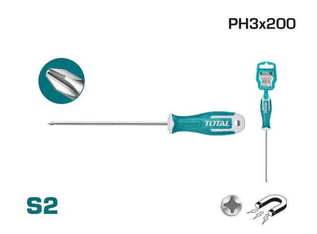 Total Tools TOTAL TOOLS Phillips Screwdriver PH3, S2 Round Shank, 8.0mm Diameter x 200mm Length, Cross Head Screwdriver with Plastic Hanger - THT26PH3200