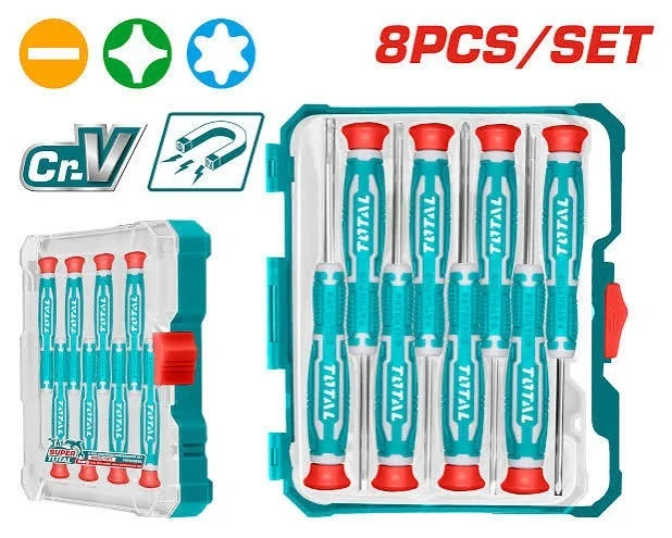 Total Tools TOTAL TOOLS 8Pcs Precision Screwdriver Set with Comfort-Grip Handle and Cr-V Steel Blades in Plastic Box - THT250826