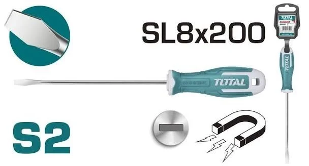 Total Tools TOTAL TOOLS Slotted Screwdriver 8.0mm, S2 Round Shank, 8.0mm Diameter x 200mm Length, Flat Head Screwdriver with Plastic Hanger - THT268200