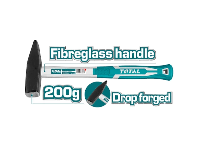 Total Tools TOTAL TOOLS Machinist Hammer 200g, Drop-Forged 45# Carbon Steel Hammerhead, Heat Treated, TOTAL Style Fiberglass Handle, Engineering & Workshop Hammer - THT712006
