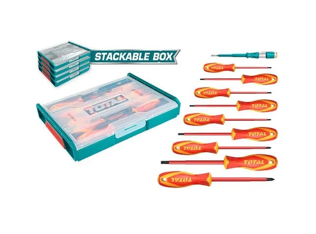 Total Tools TOTAL TOOLS 10-Piece Insulated Hand Tool Screwdriver Set (4 Slotted, 3 Phillips, 2 Pozidriv Screwdrivers, and Voltage Tester) in Stackable Plastic Box - THKTV02S101