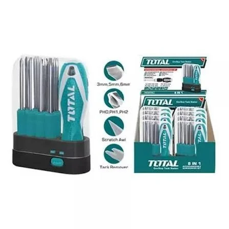 Total Tools TOTAL TOOLS 9-Piece Cr-V Interchangeable Screwdriver Set with Handle, Slotted/Phillips Bits, Tack Remover, Scratch Awl, and Plastic Box - THT250906