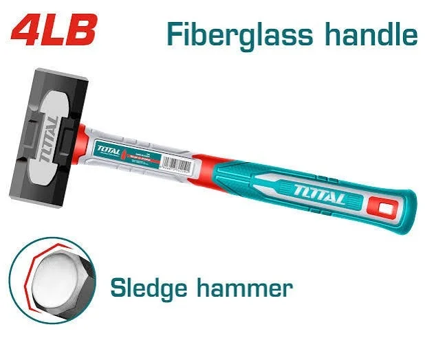 Total Tools TOTAL TOOLS 4LB Sledge Hammer with Heat-Treated Drop-Forged 45# Carbon Steel Head and Strong Three-Color Fiberglass Handle - THSLH6104