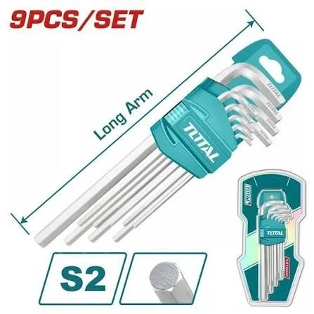 Total Tools TOTAL TOOLS 9-Piece Long Arm Hex Key Set (1.5mm,10mm), Heat-Treated Cr-V Steel, Chrome-Plated Allen Wrench Set - THT106191