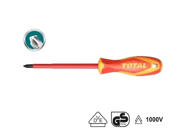 Total Tools P TOTAL TOOLS VDE Insulated PZ2 Screwdriver, CR-V Round Shank, PZ2 x 100mm, 1000V Insulated Handle, Certified Electrician Screwdriver - THTISPZ2100