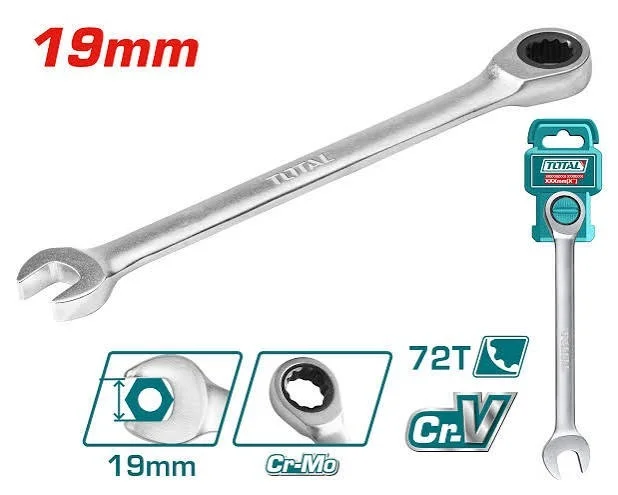 Total Tools TOTAL TOOLS Ratchet Spanner 19mm x 245mm, Cr-V Steel with CrMo Ratchet, Chrome Plated Matte Finish Combination Wrench - TCSPAR191
