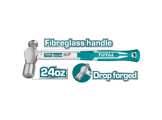 Total Tools TOTAL TOOLS Ball Pein Hammer 24oz/660g, Drop-Forged Heat-Treated 45# Carbon Steel Head with Fiberglass Handle - THT74246