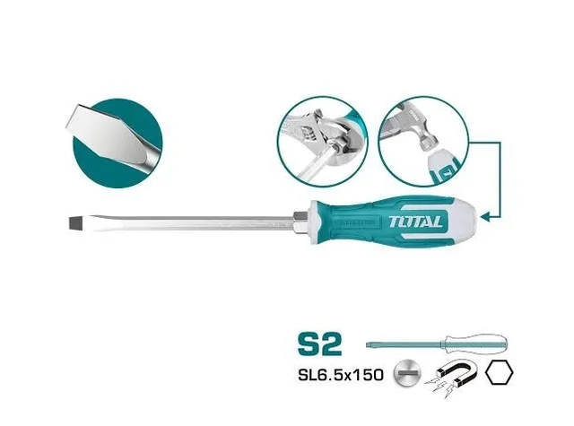 Total Tools TOTAL TOOLS Slotted Go-Through Screwdriver 6.5mm, S2 Industrial Steel Hex Shank, 6.0mm Shank Diameter x 150mm Length, Heavy-Duty Flat Head Screwdriver - THGS61506
