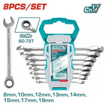 Total Tools P TOTAL TOOLS 8-Piece Ratchet Spanner Set (Sizes: 8, 10, 12, 13, 14, 15, 17, 19mm) with High-Quality Cr-Mo Ratchet Mechanism, Fine-Polished Cr-V Steel, and Plastic Hanger Packaging - THT102RK086