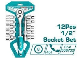 Total Tools TOTAL TOOLS 12-Piece 1/2" Socket Set (10 Sockets: 10-24mm, 45T Quick Release Ratchet Handle, 5" Extension Bar) in High-Quality 50BV30 Cr-V Steel with Micro-Finished Chrome-Plated Finish and Plastic Hanger - THT141121