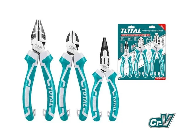 Total Tools TOTAL TOOLS 3-Piece High-Leverage Pliers Set (8" Combination, 7" Diagonal Cutting, 6" Long Nose) in Cr-V Steel with Black Finish, Polish, TPR Two-Color Handle, and 30% Extra Strength - THT2K0301S