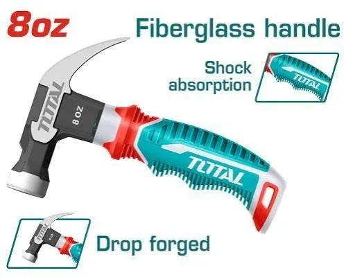 Total Tools TOTAL TOOLS Mini Claw Hammer 8oz/220g, Drop-Forged 45# Carbon Steel Head & Three-Color Fiberglass Handle - THCH61008D