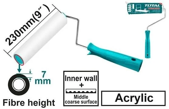 Total Tools TOTAL TOOLS Inner Wall Roller Cylinder Brush 9 Inch (230mm), Acrylic Fibre, 7mm Fibre Height, 6mm Central Shank, 1 Roller Cover with 4 Assistant Shanks - THT8594