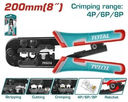 Total Tools TOTAL TOOLS 8" Modular Plug Crimper with Labor-Saving Ratchet, 4P/6P/8P Range, and Crimping, Stripping, and Cutting Functions - TMPCN5468R
