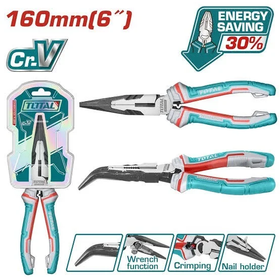 Total Tools TOTAL TOOLS High Leverage Bent Nose Pliers 6"/160mm, Cr-V Steel, Black Finish & Polished Surface with TPR Three-Color Handle (30% Force Saving) - THT24616S