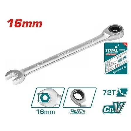 Total Tools TOTAL TOOLS Ratchet Spanner 16mm x 210mm, Cr-V Steel, Matte Chrome Plated Combination Wrench - TCSPAR161