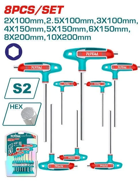 Total Tools TOTAL TOOLS 8-Piece T-Handle Hex Wrench Set (Sizes 2x100 to 10x200mm) with Heat-Treated Chrome-Plated Cr-V Construction and Brand Exclusive Shelf - THHW80816