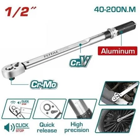 Total Tools TOTAL TOOLS 1/2" Torque Wrench (500mm Length, 40-200N.m Range, 4% Tolerance) in Cr-V + Cr-Mo Steel with Easy Torque-Adjusting Design and BMC Packaging - THPTW200N2