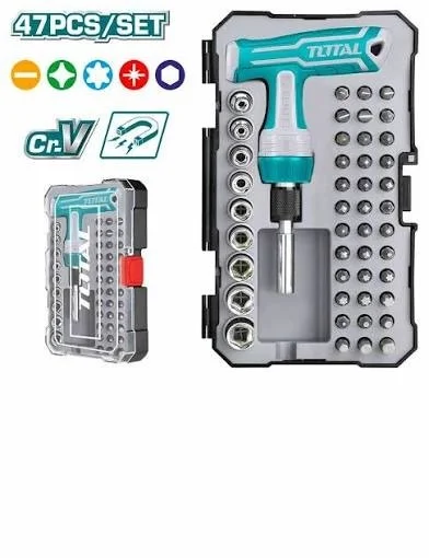 Total Tools TOTAL TOOLS 47-Piece T-Handle Wrench Screwdriver Set with 35 Bits, 9 Sockets (4-12mm), Adaptor, Bit Holder, and Ratchet Handle in Plastic Box - TACSD30476