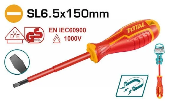 Total Tools TOTAL TOOLS VDE+GS Insulated Slotted Screwdriver SL6.5 x 150mm, Cr-V Round Shank, 1000V Insulated Handle, Certified Electrician Screwdriver - THTIS6150