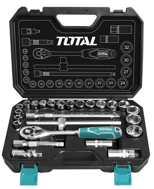 Total Tools TOTAL TOOLS 25-Piece 1/2" Socket Set (45T Ratchet Wrench, 18 Sockets 10-32mm, Universal Joint, 2 Extension Bars 125mm & 250mm, 2 Spark Plug Sockets 16mm & 21mm, and Sliding T-Bar) in Heat-Treated Cr-V (50BV30) Steel with BMC Packaging - THT121251