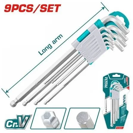 Total Tools TOTAL TOOLS 9Pcs Long Arm Ball Point Hex Key Set (1.5�10mm), Heat-Treated Cr-V Steel with Chrome Plating - THT106291