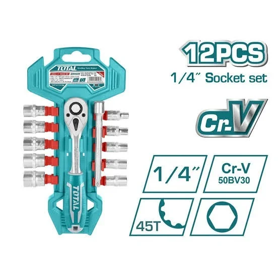 Total Tools TOTAL TOOLS 12-Piece 1/4" Socket Set (5-14mm) with 45T Quick Release Ratchet Handle and Extension Bar in 50BV30 CrV Steel - THT14114126