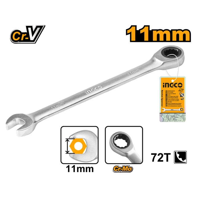 INGCO HCSPAR111 11mm Ratchet Spanner | 72T | 165mm | Cr-V Steel | Chrome Plated Matt Finish