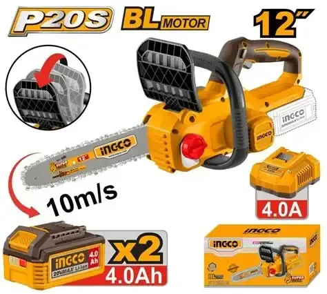 INGCO CGSLI201262 20V Brushless Cordless Chainsaw | 12" (30cm) Bar | 10m/s Chain Speed | Quick Chain Brake | Auto Lubrication | 2 x 4.0Ah Batteries & 4A Charger