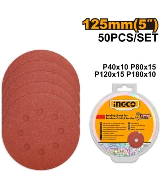 INGCO AKRS1250511 125mm 5" Sanding Discs | 50-Piece Random Orbital Sander Sandpaper Set | P40-P180 Grit