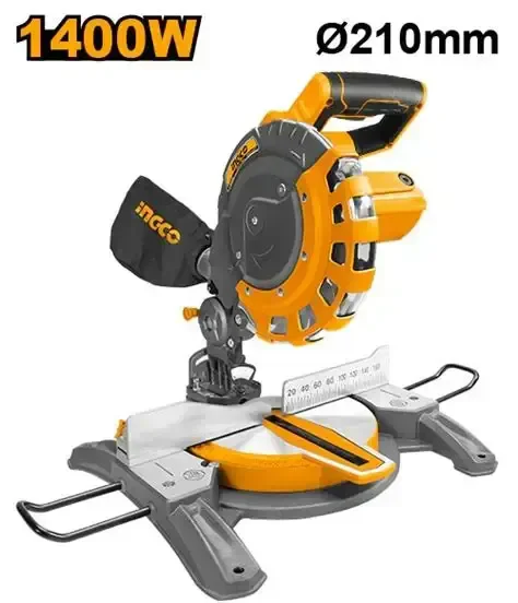 INGCO BMS14007 1400W Sliding Compound Mitre Saw | 210mm Blade | 5000 RPM | 60 x 120mm Max Cutting Capacity | 0-45� Mitre & Bevel Cuts