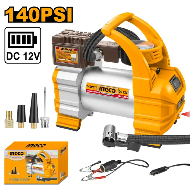 INGCO AAC1408 12V Portable Air Compressor Inflator | 140 PSI 10 Bar | 35L/min Air Flow | 10A | Integrated Work Light | 3m Cigarette Lighter Cord | 4 Adapters