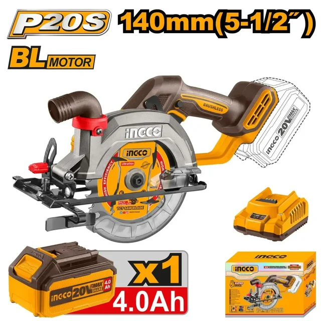 INGCO CSLI14023 20V Cordless Circular Saw | 6300 RPM | 140mm (5-1/2") Blade | 50mm Cutting Depth | Adjustable Bevel & Depth | Blade Included