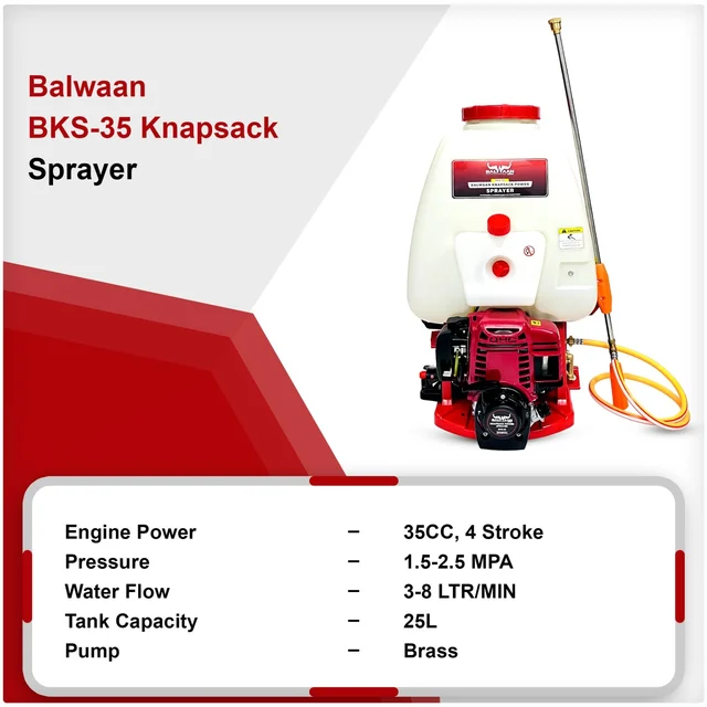 Balwaan Krishi Balwaan BKS-35 Knapsack Sprayer 35cc 4 Stroke Petrol Engine with Brass Pump, 90cm Spray Gun, Expandable 3-Nozzle Lance & Tool Kit - MTAK-EN-SP-5076