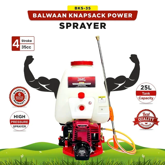 Balwaan Krishi Balwaan BKS-35 Knapsack Sprayer 35cc 4 Stroke Petrol Engine with Brass Pump, 90cm Spray Gun, Expandable 3-Nozzle Lance & Tool Kit - MTAK-EN-SP-5076