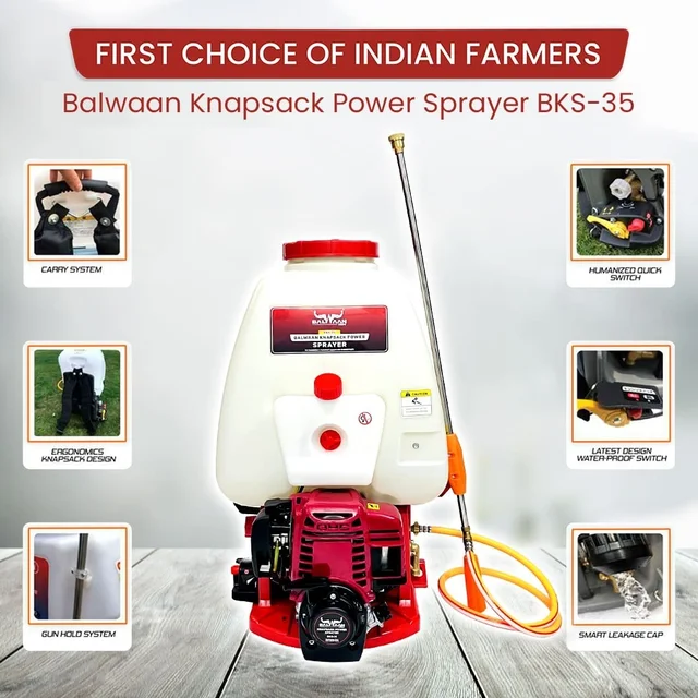 Balwaan Krishi Balwaan BKS-35 Knapsack Sprayer 35cc 4 Stroke Petrol Engine with Brass Pump, 90cm Spray Gun, Expandable 3-Nozzle Lance & Tool Kit - MTAK-EN-SP-5076