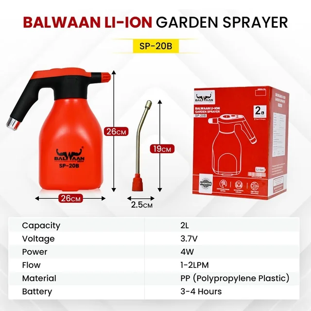 Balwaan Krishi Balwaan SP-20B Li-Ion Battery Sprayer 2 Litre with 1 Spray Nozzle, Extendable Spray Lance, USB Charging Cable, Washer & User Manual - MTAK-BA-SP-5592