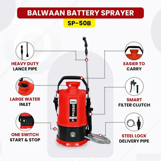 Balwaan Krishi Balwaan SP-50B Li-Ion Battery Sprayer 5 Litre with 12V 2.6Ah Lithium Battery, 2 Nozzles, 1+1 Lance & User Manual - MTAK-BA-SP-5593