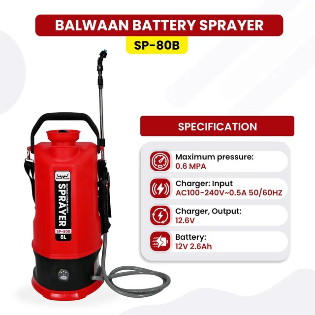 Balwaan Krishi Balwaan SP-80B Li-Ion Battery Sprayer 8 Litre with 12V 2.6Ah Lithium Battery, 2 Nozzles, 1+1 Lance & User Manual - MTAK-BA-SP-5594