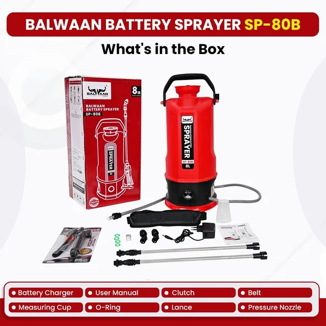 Balwaan Krishi Balwaan SP-80B Li-Ion Battery Sprayer 8 Litre with 12V 2.6Ah Lithium Battery, 2 Nozzles, 1+1 Lance & User Manual - MTAK-BA-SP-5594
