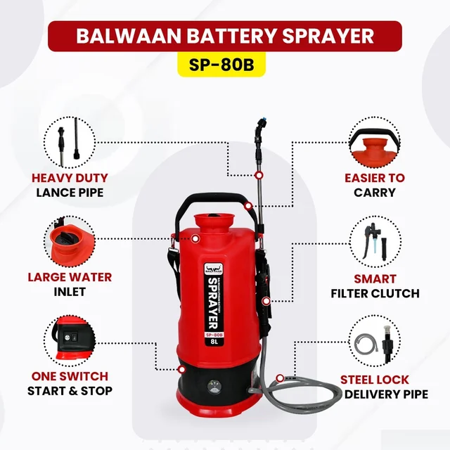Balwaan Krishi Balwaan SP-80B Li-Ion Battery Sprayer 8 Litre with 12V 2.6Ah Lithium Battery, 2 Nozzles, 1+1 Lance & User Manual - MTAK-BA-SP-5594