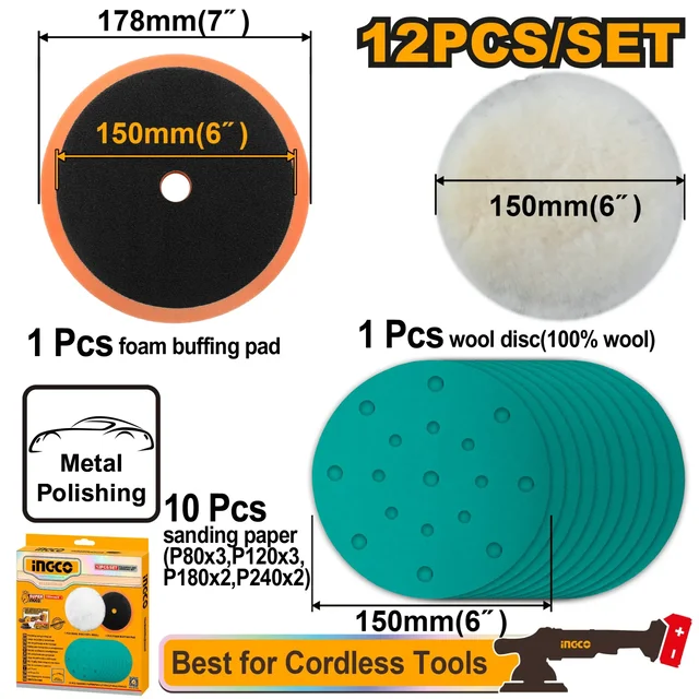 INGCO APG15012 12-Piece 150mm 6" Polishing & Grinding Set | Wool Disc, Foam Pad & Sanding Papers