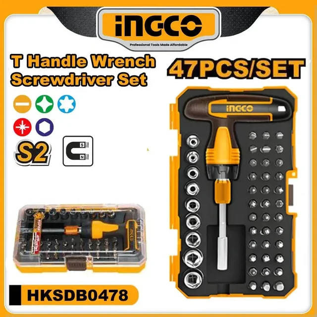 INGCO INGCO HKSDB0478 47-Piece T-Handle Ratchet Screwdriver Set | 35 Bits | 9 Sockets | SL, PH, PZ, Torx & Hex