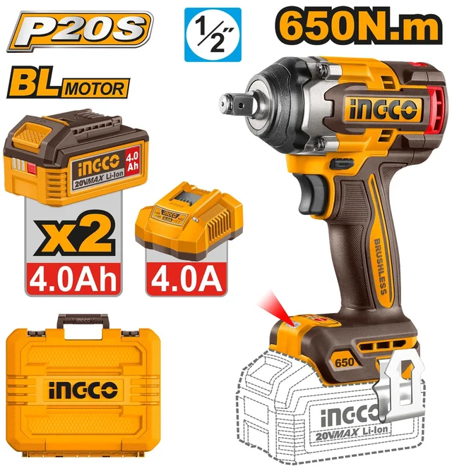 INGCO CIWLI2065 20V Brushless Cordless Impact Wrench Kit | 650Nm Fastening Torque | 800Nm Breakaway Torque | 1/2" Drive | 2 x 4.0Ah Batteries & Charger
